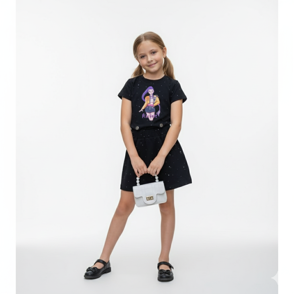 Conjunto Rumi Algodón Premium – Polera Crop Top + Falda con Pedrería