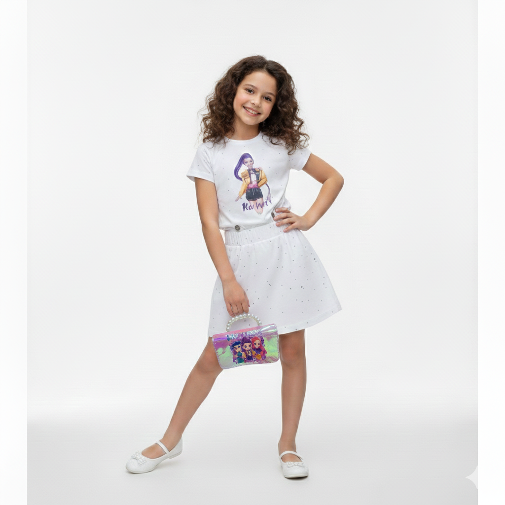 Conjunto Rumi Algodón Premium – Polera Crop Top + Falda con Pedrería