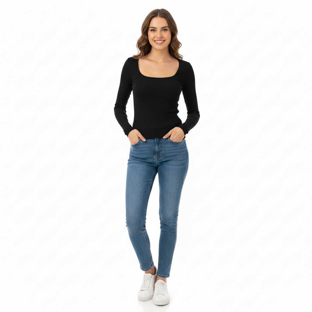 Polera Manga Larga Escote Cuadrado Mujer