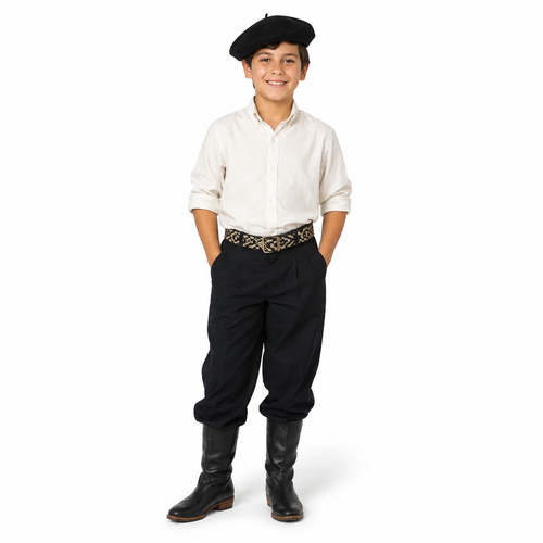Niño usando boina gaucha negra con vestuario tradicional sobre fondo blanco