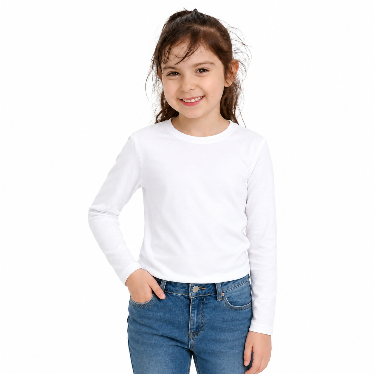 Camiseta manga larga blanca infantil de algodón para niña vista frontal