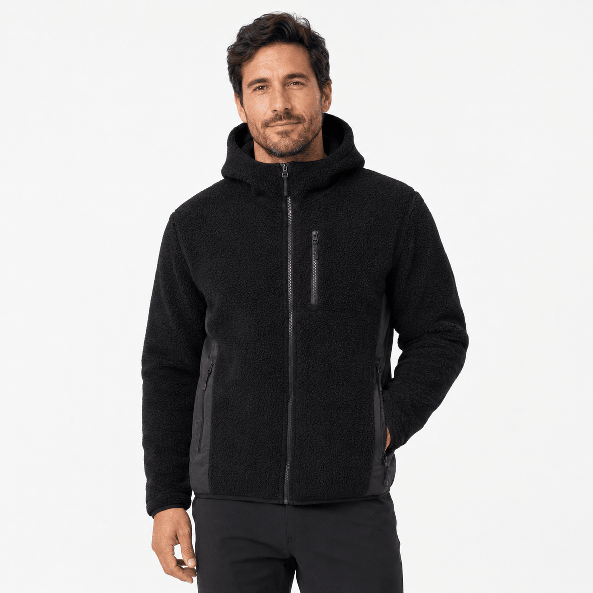 Chaqueta Polar Sherpa Hombre con Gorro - M Negro | Hogar y Más