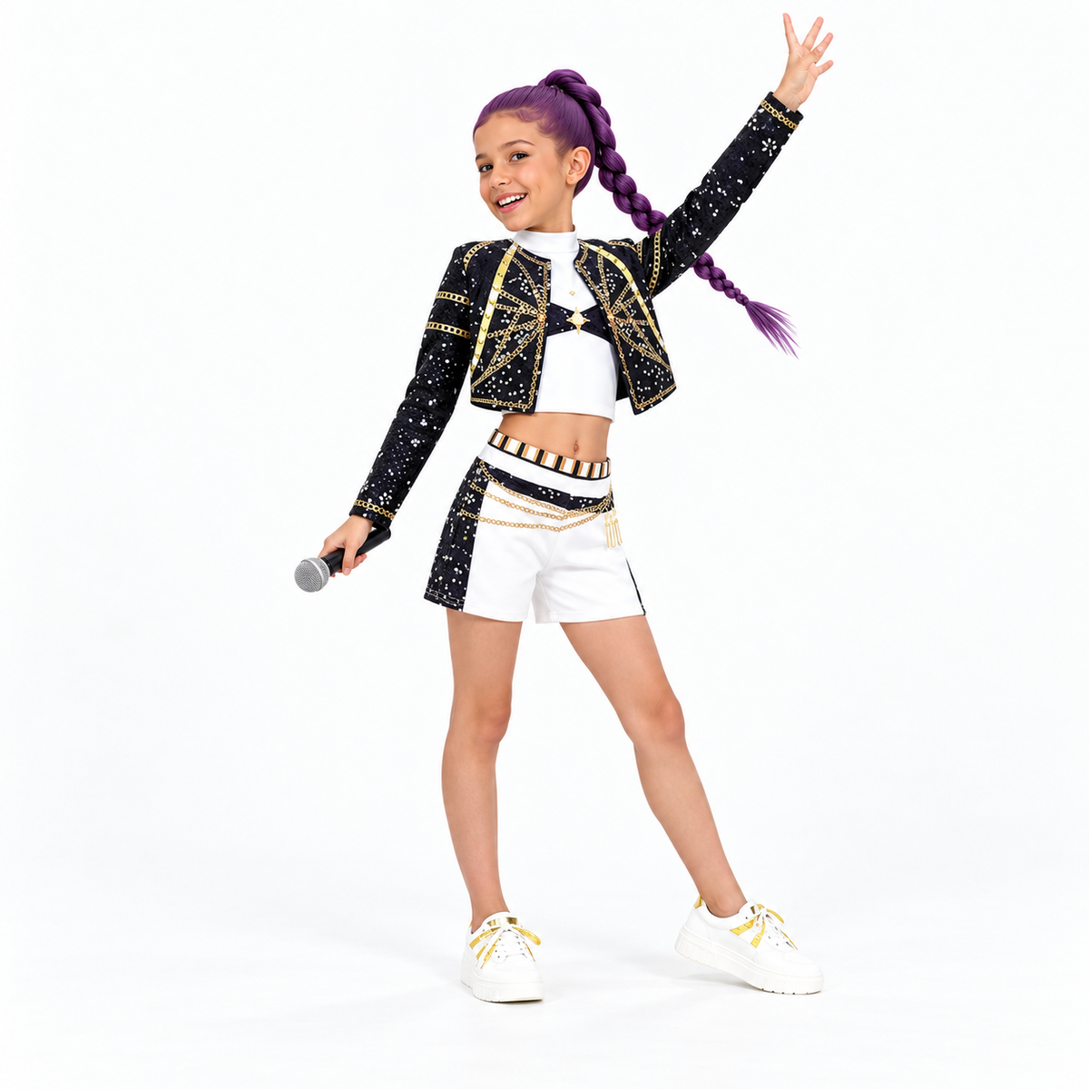 Disfraz Rumi Golden Deluxe para niña con top blanco, short blanco y detalles dorados