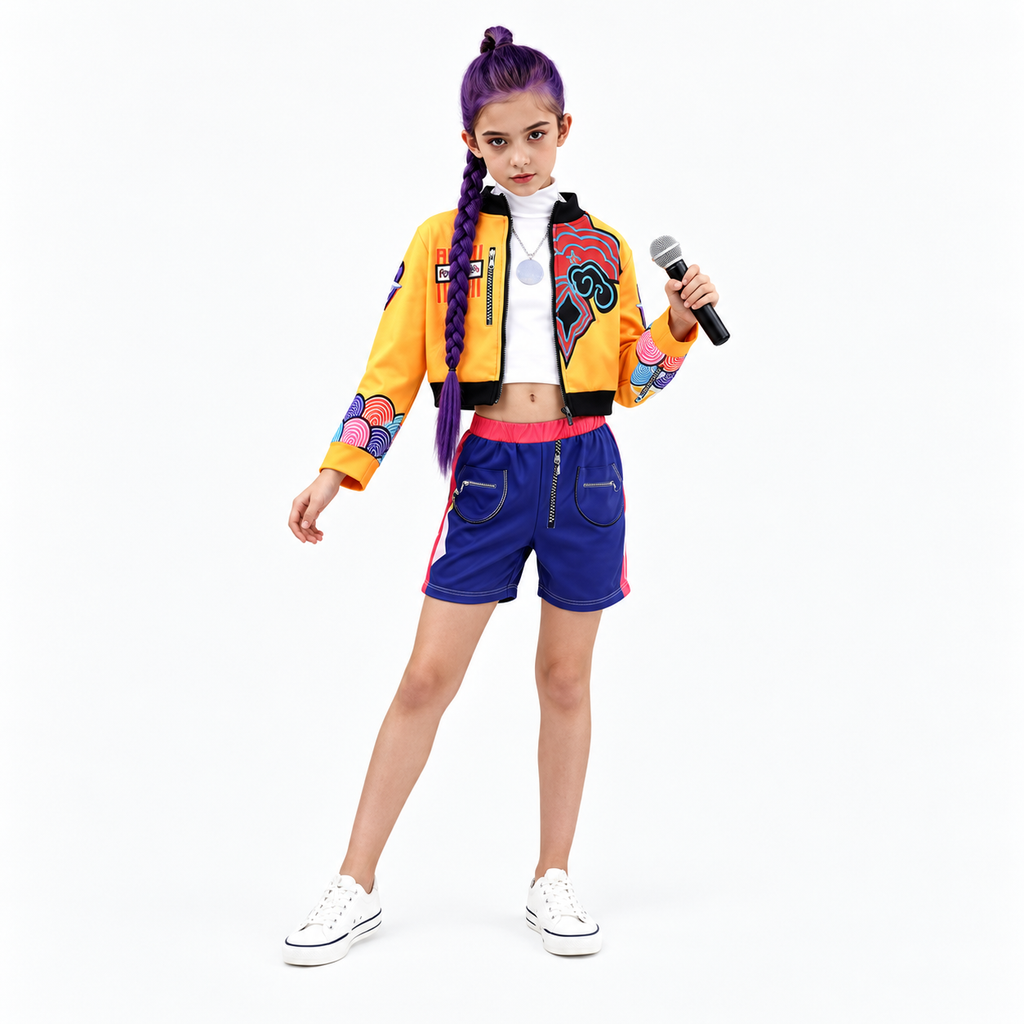 Detalles del disfraz Rumi K-Pop Demon Hunters para niña con chaqueta amarilla, top y short