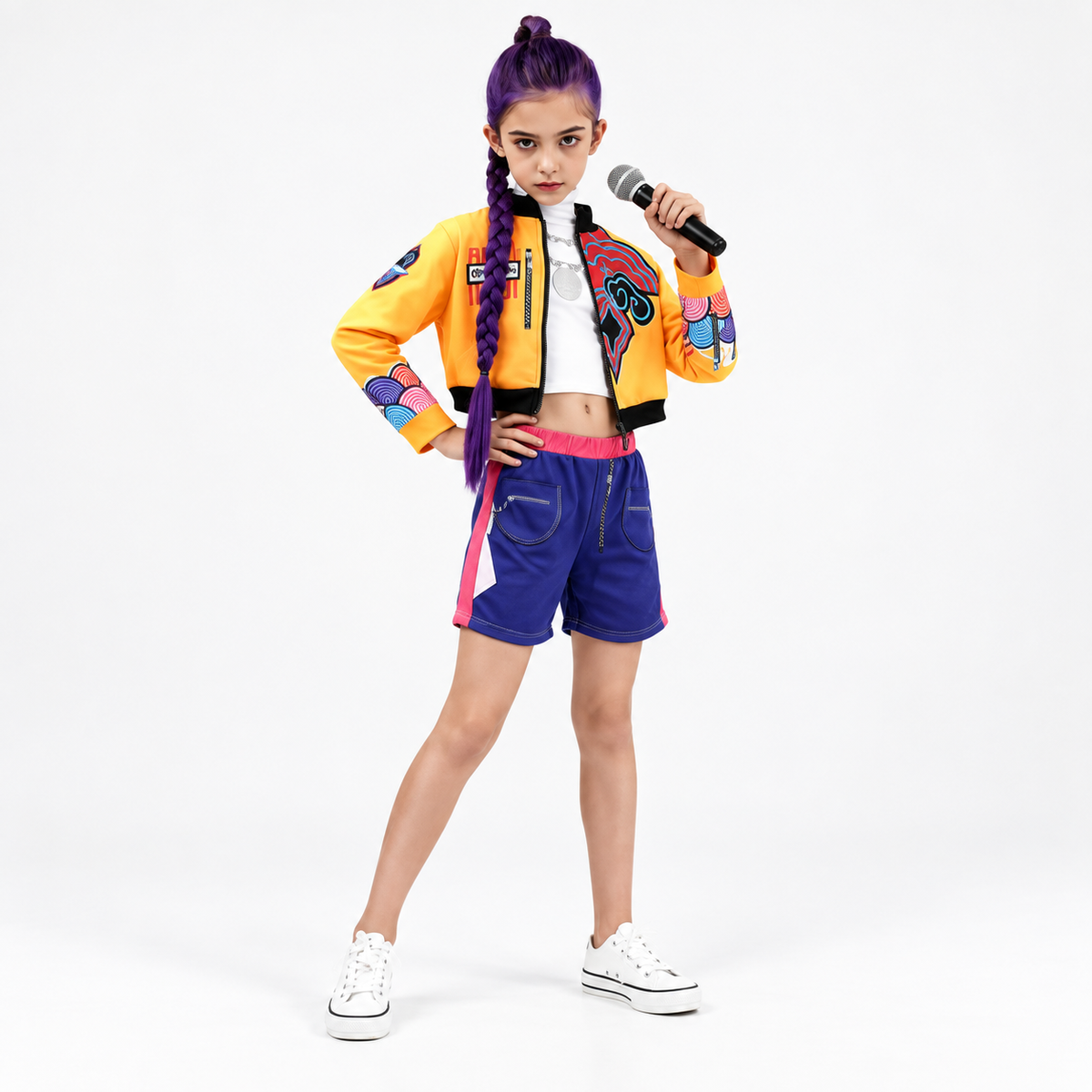 Disfraz Rumi K-Pop Demon Hunters para niña en pose frontal con micrófono