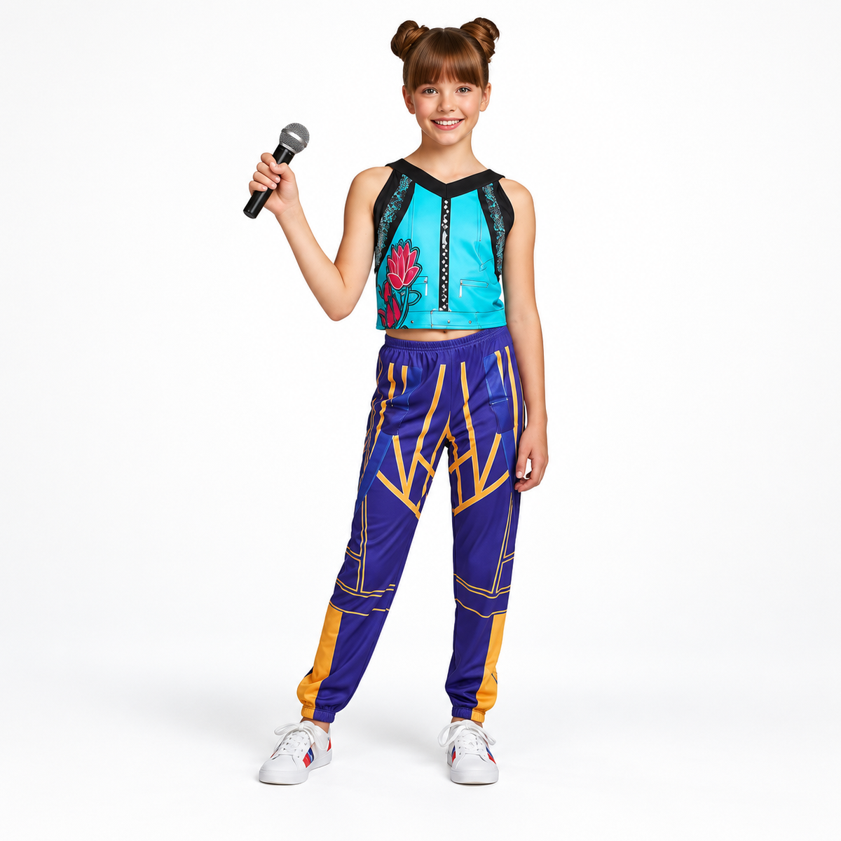Disfraz Zidol Pop Star para niña talla 3-4 años con top turquesa y pantalón morado