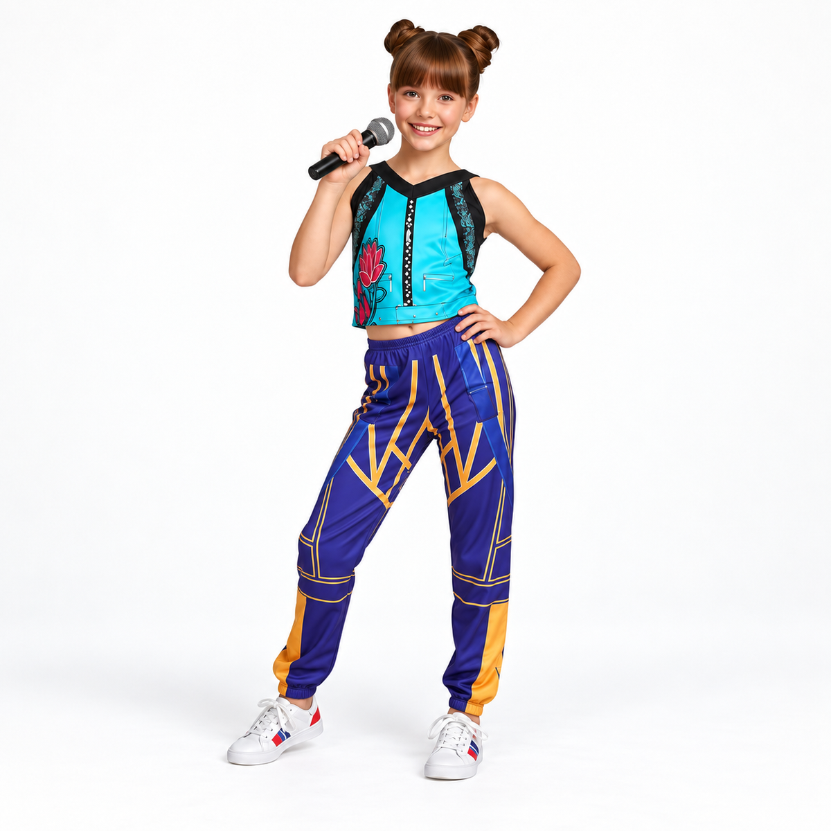 Niña usando Disfraz Zidol Pop Star de dos piezas en vista de cuerpo completo