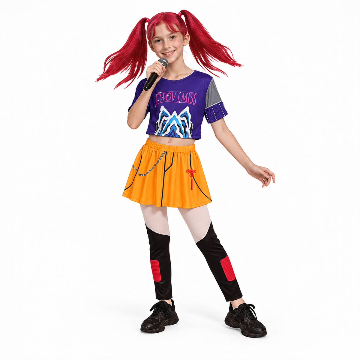 Niña usando disfraz Zoey Kpop Hunter de cuerpo completo