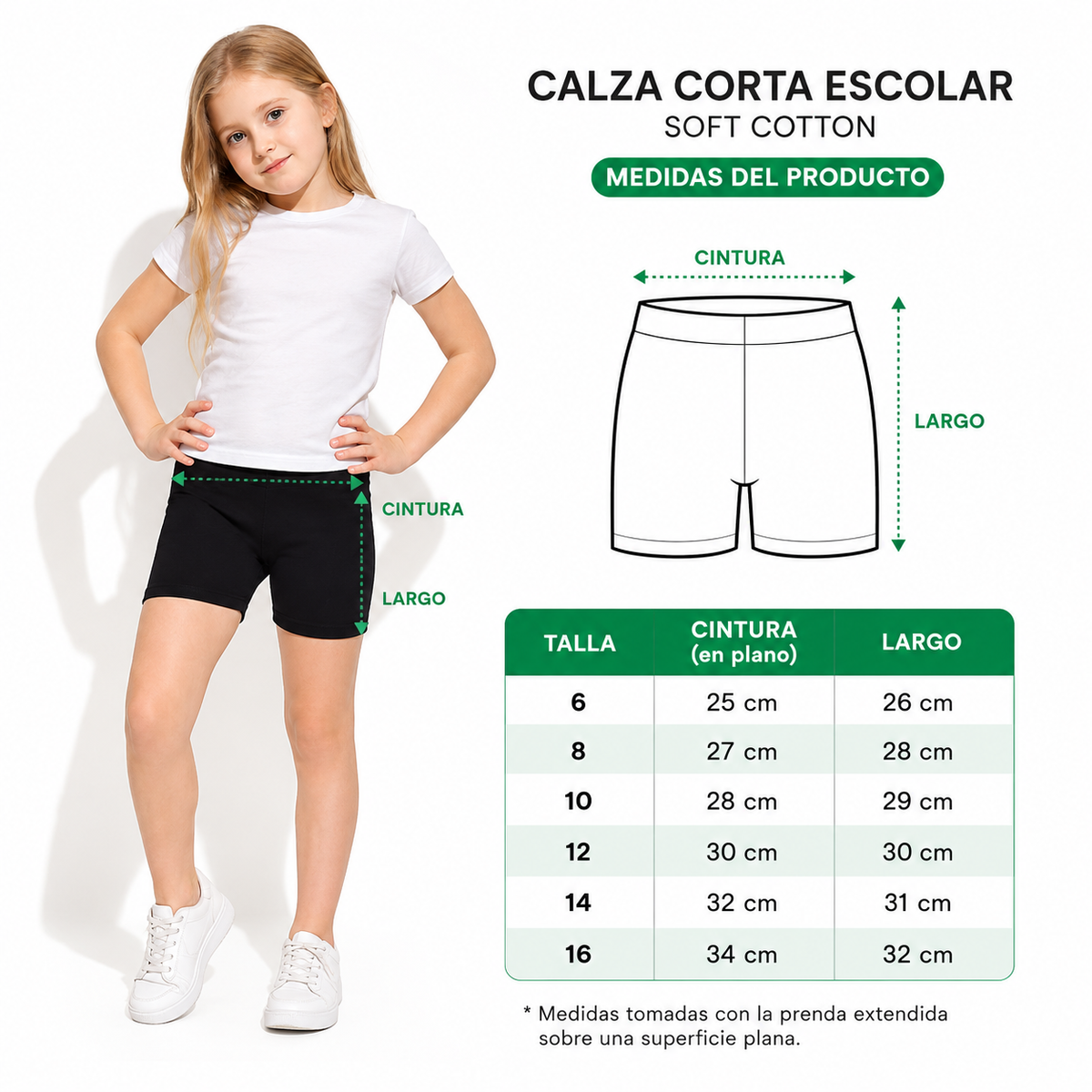 Niña usando calza corta escolar negra con guía de tallas y medidas de cintura y largo