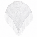 Mantilla blanca de encaje tejido con diseño floral y flecos largos