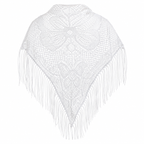 Mantilla blanca de encaje tejido con diseño floral y flecos largos