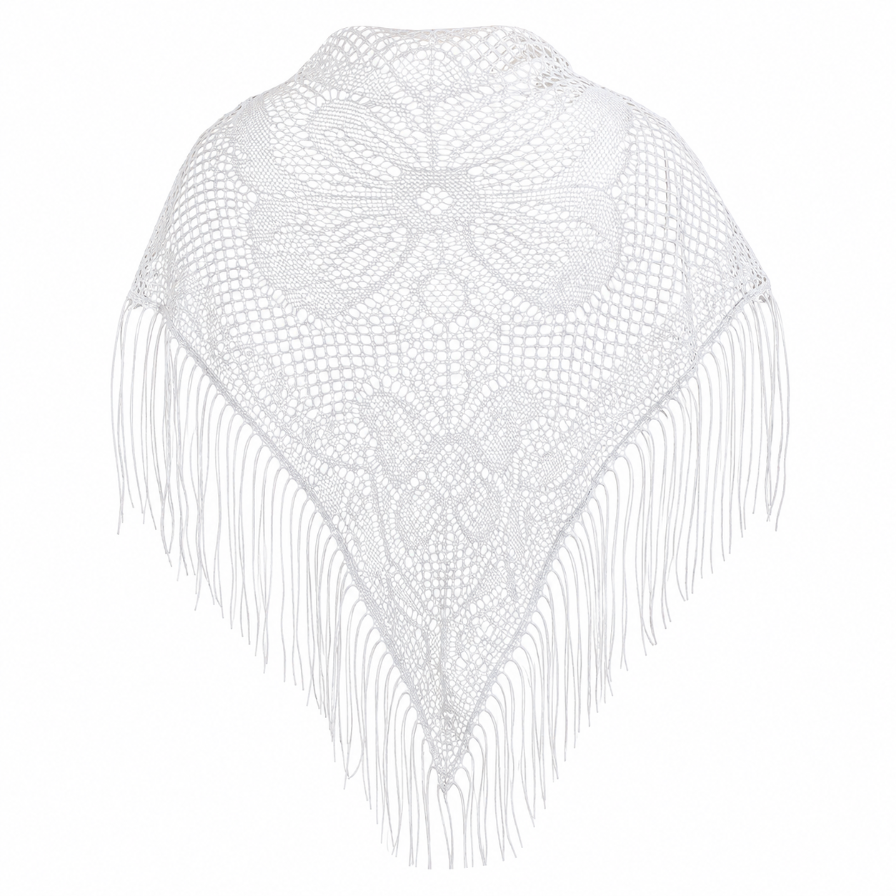 Mantilla blanca de encaje tejido con diseño floral y flecos largos