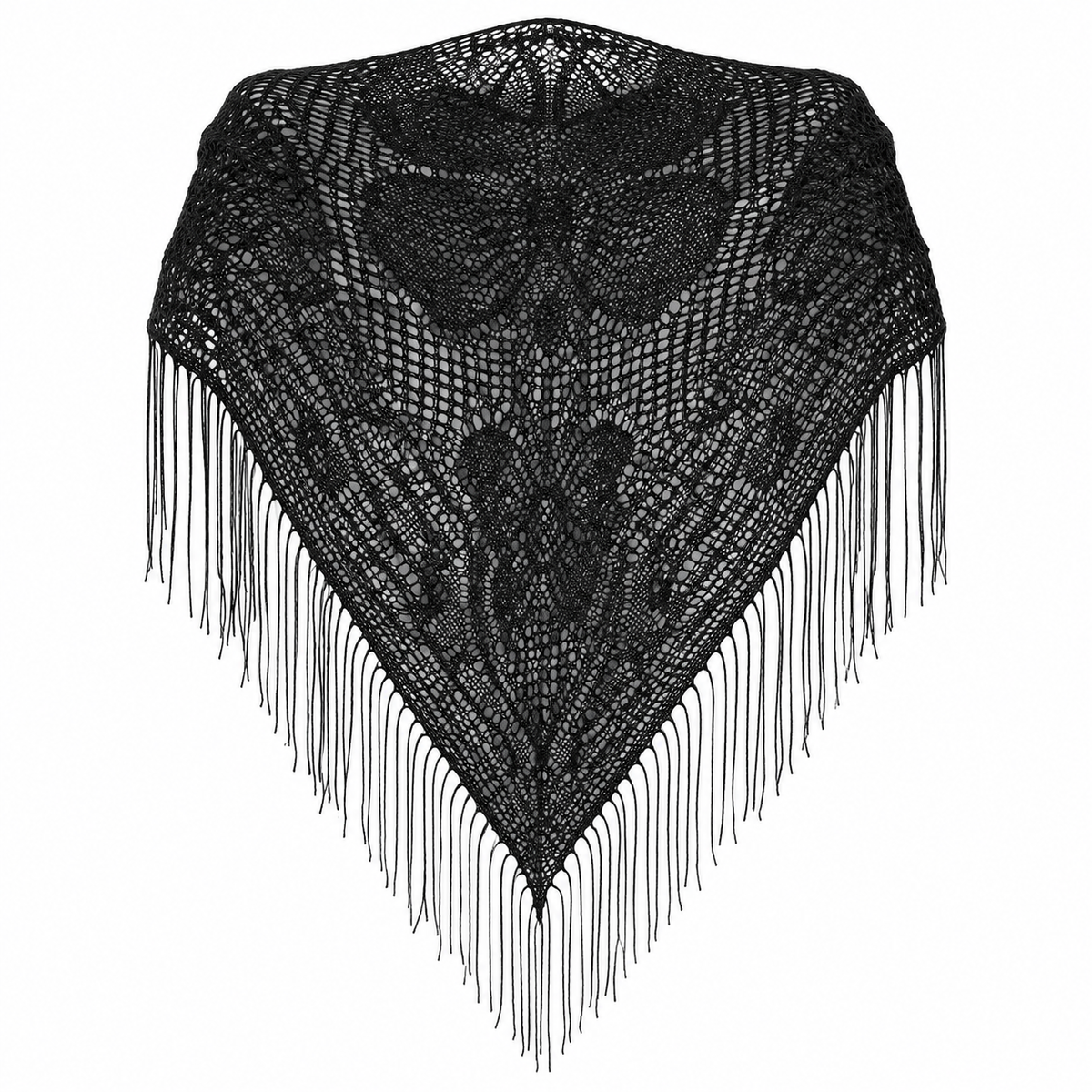 Mantilla negra de encaje tejido con diseño floral y flecos largos