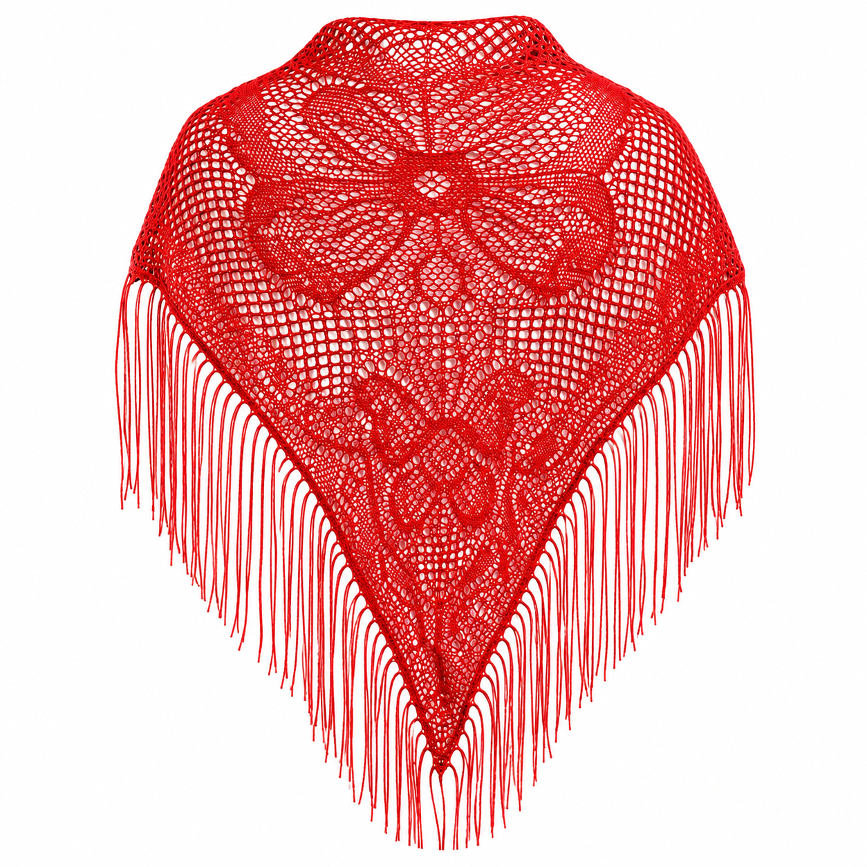 Mantilla roja de encaje tejido con diseño floral y flecos largos