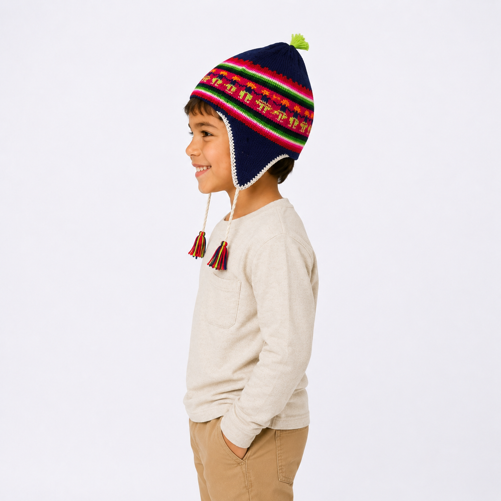 Niño usando gorro chullo infantil multicolor con motivos aymaras vista lateral