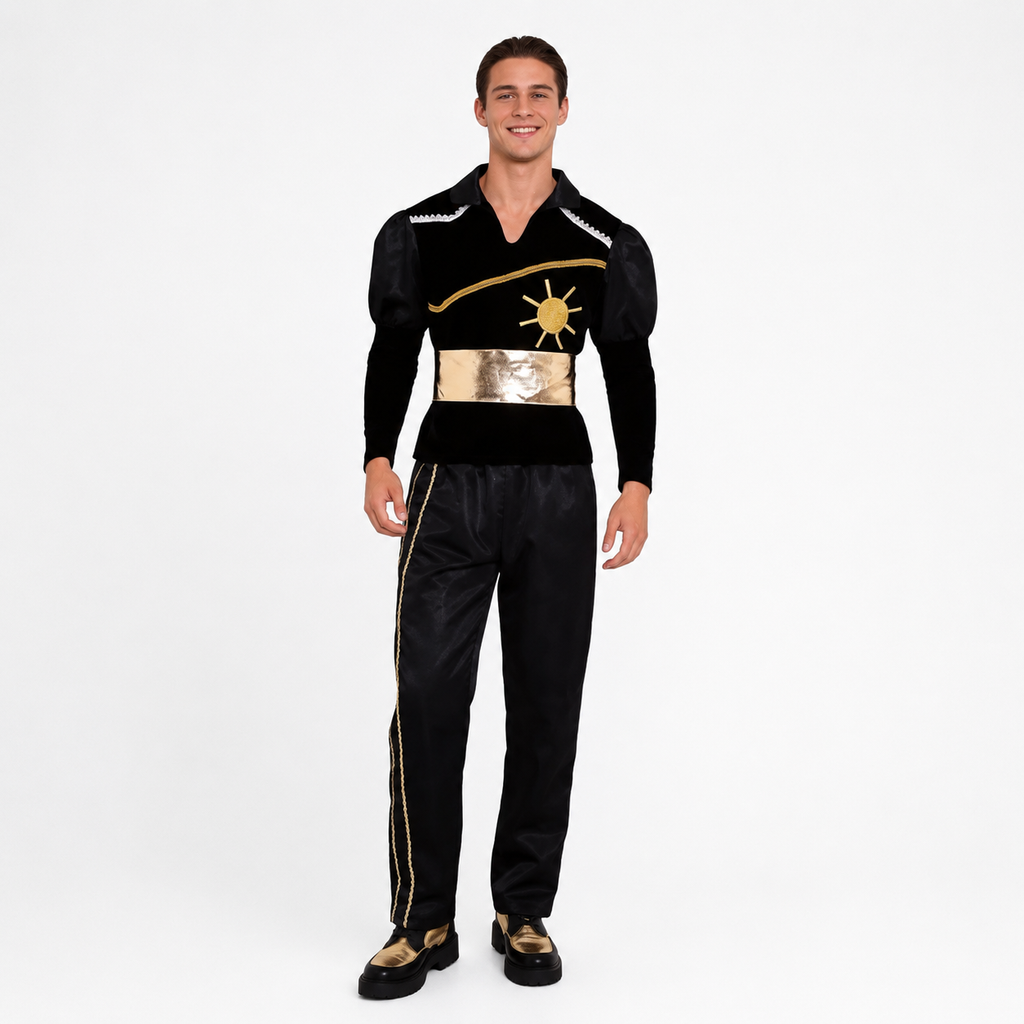 Traje Caporal hombre negro con detalles dorados vista frontal