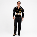 Traje Caporal hombre negro con detalles dorados vista frontal
