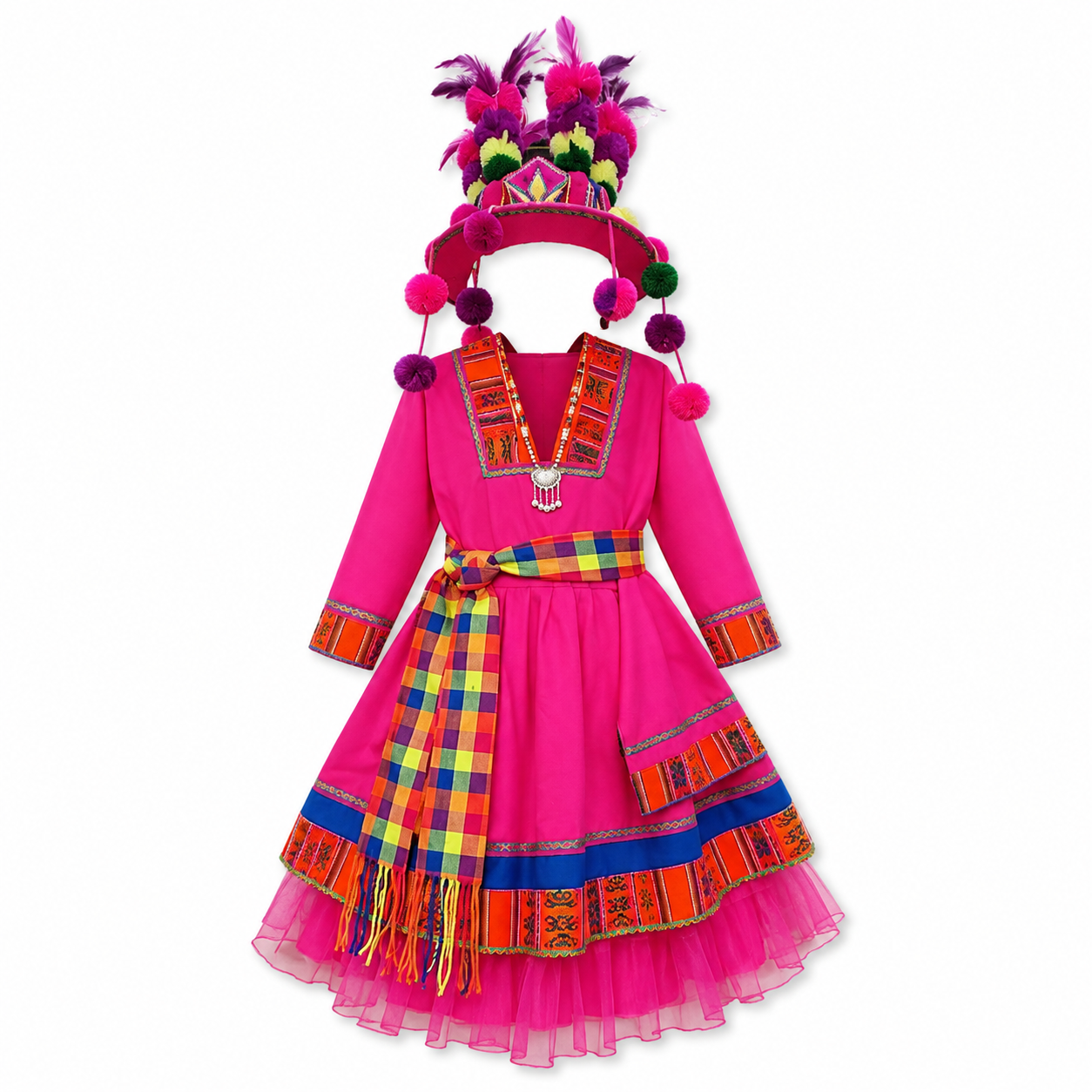 Traje Niña Tinku rosado con tocado tradicional y accesorios folclóricos