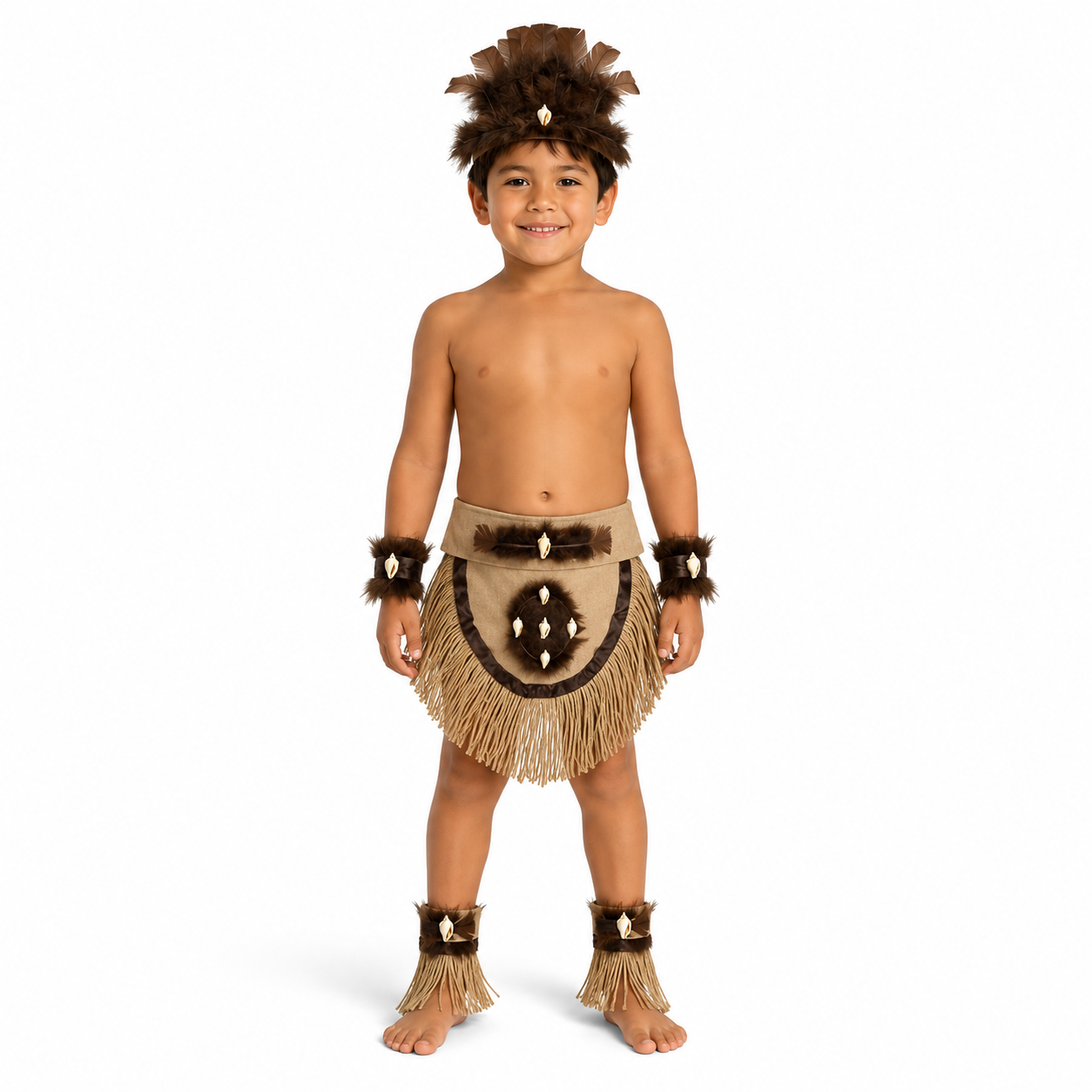 Niño usando traje típico Rapa Nui café con tocado, faldón, muñequeras y tobilleras.