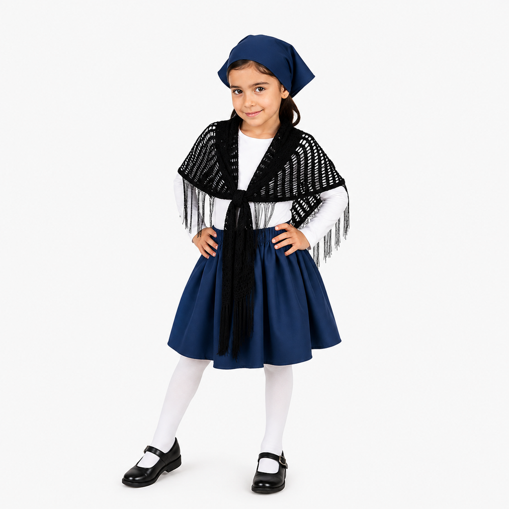 modelo.jpg
Niña usando traje típico azul marino con camiseta blanca y mantilla negra