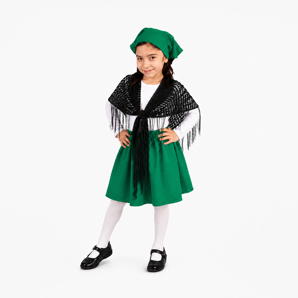 Niña usando traje típico verde con camiseta blanca y mantilla negra