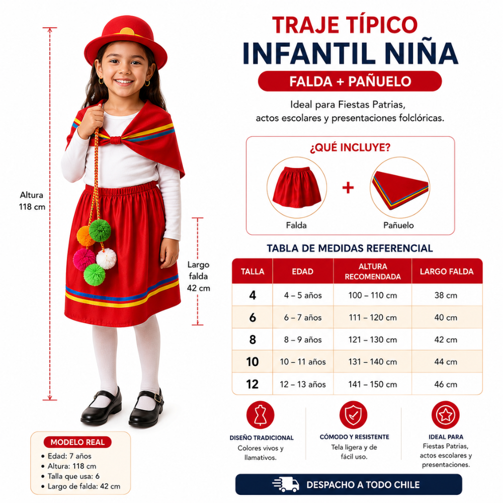 traje tipico nortino niñas rojo medidas